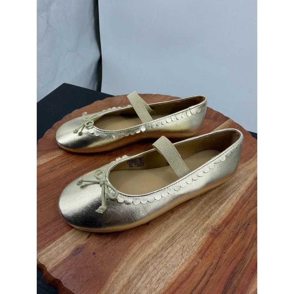 Mini Boden Scalloped Ballet Flats girls 2 33 Gold Metallic Leather Bow Strap